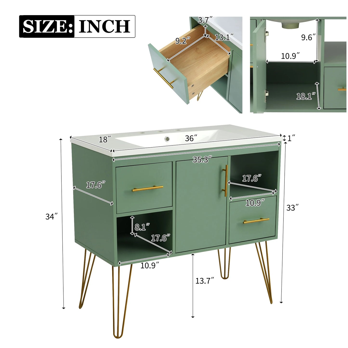 Euroco 36'' Bathroom Vanity with Resin Sink Combo Set, Modern Freestanding Single Bathroom Cabinet with 2 Drawers & 2 Storage Compartments, Storage Cabinet for Bathroom, Solid Wood Frame Vanity Set
