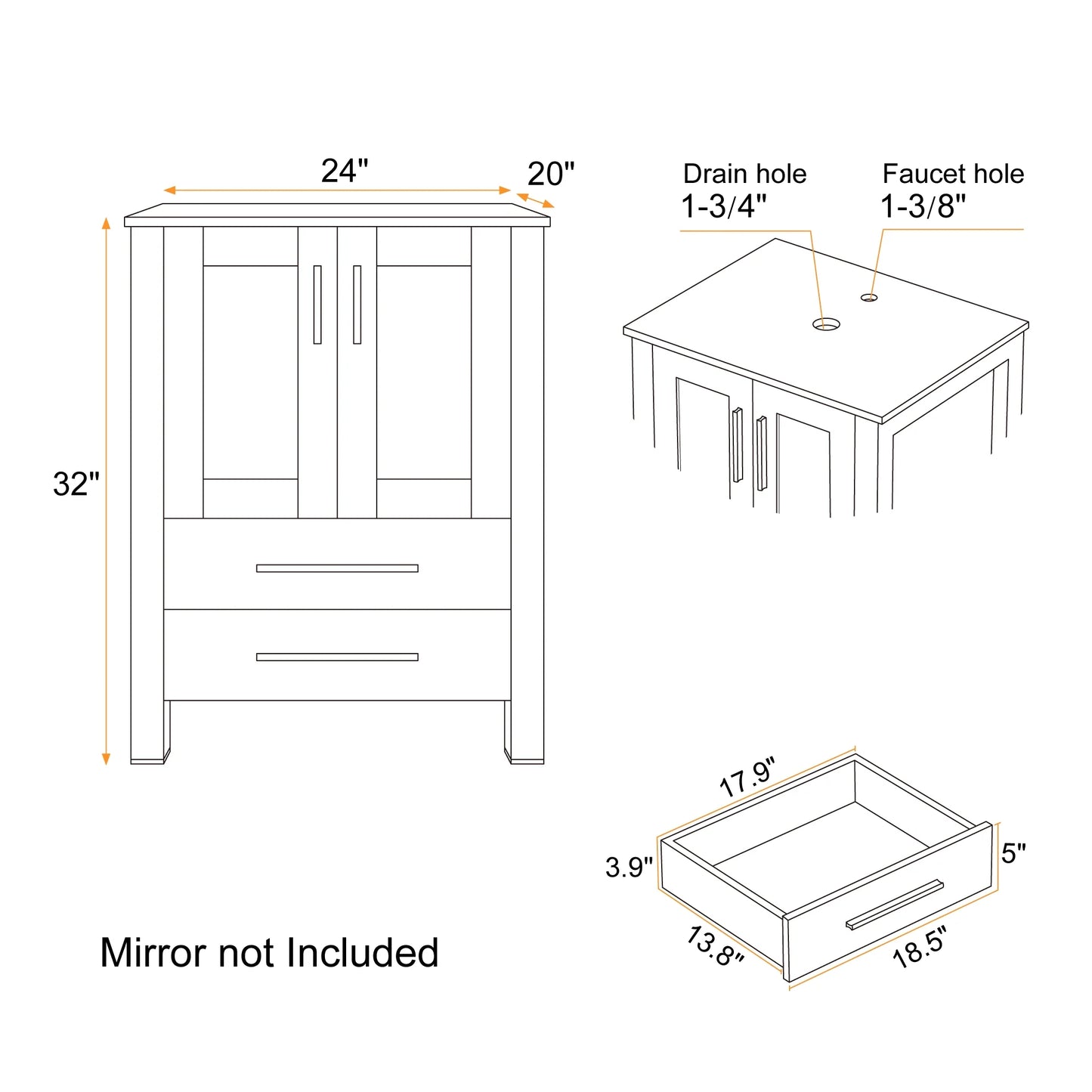 Eclife 24" Freestanding Single Bathroom Vanity with Vessel Sink, Manufactured Wood Top