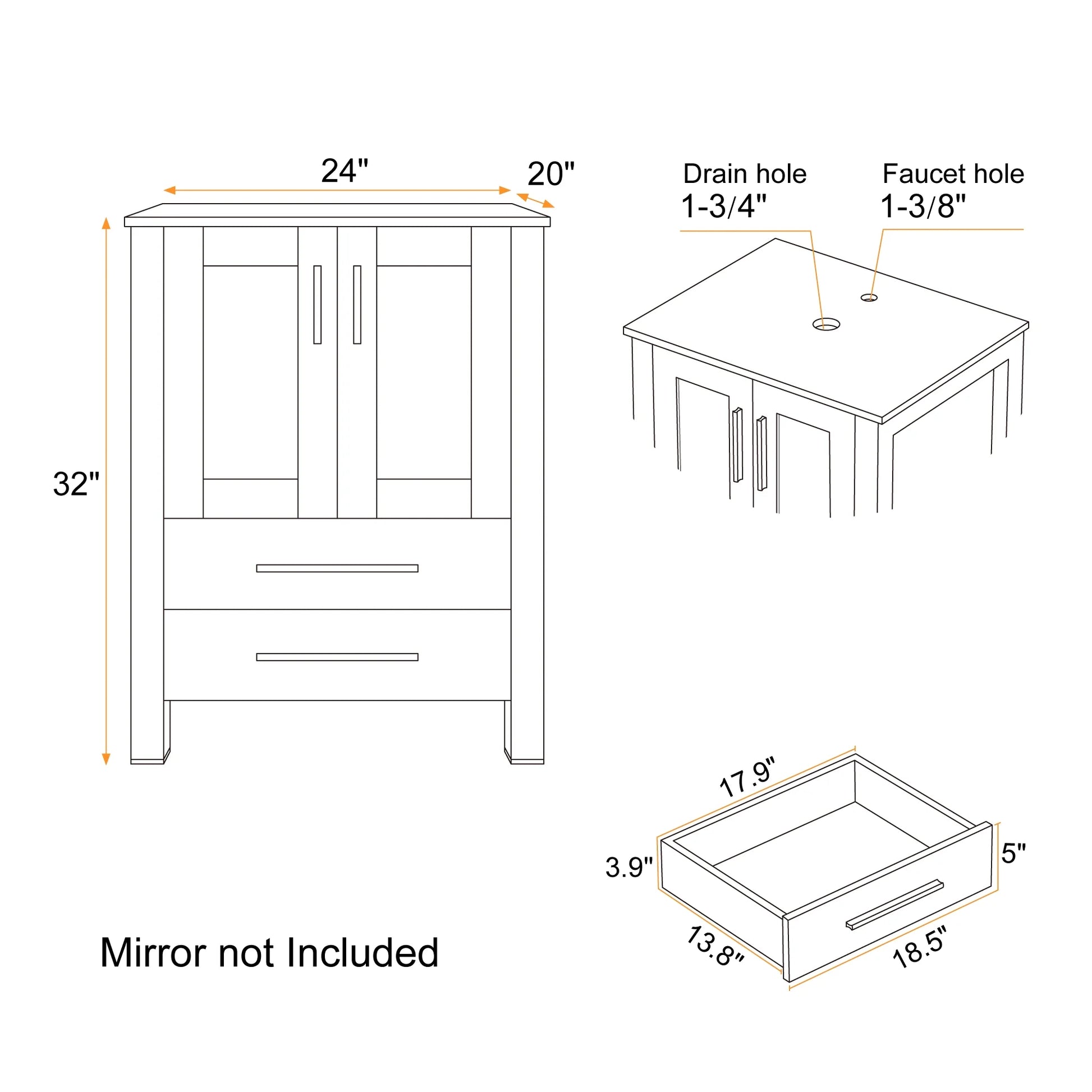 Eclife 24" Freestanding Single Bathroom Vanity with Vessel Sink, Manufactured Wood Top