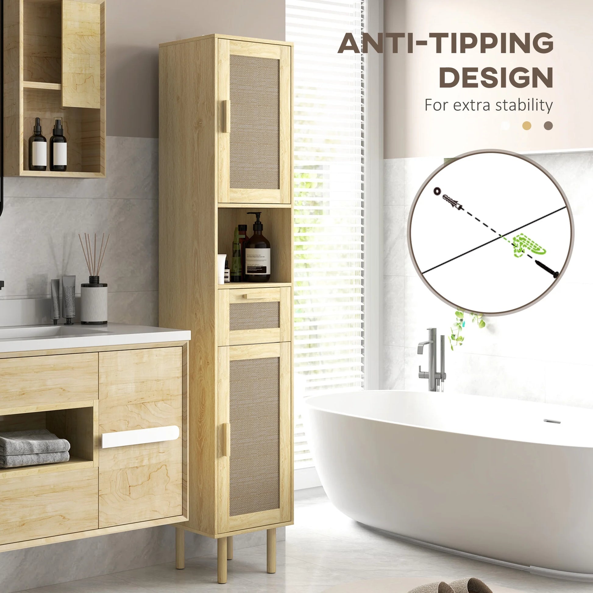 HOMCOM Tall Bathroom Storage Cabinet with Rattan Doors, Distressed Oak