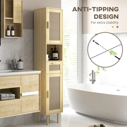HOMCOM Tall Bathroom Storage Cabinet with Rattan Doors, Distressed Oak