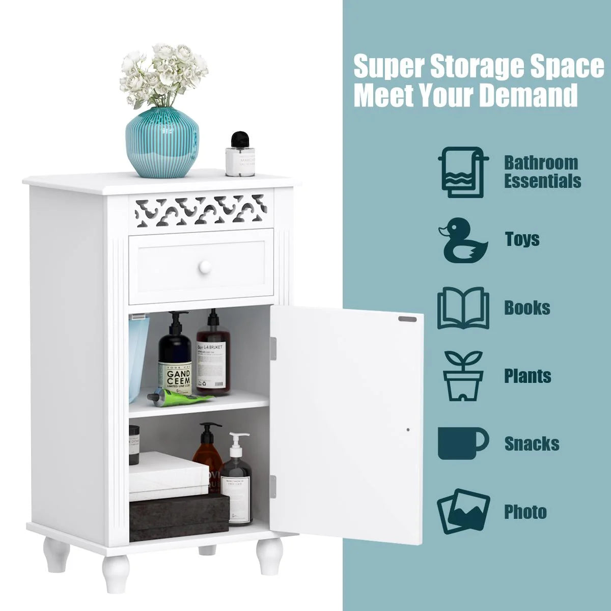 Giantex Storage Floor Cabinet W/One Cabinet Two-Layer Adjustable Shelves & One Drawer Bathroom Cupboard Organizer Kitchen Collection Cabinet Shelf Nightstand Beside End Table White (1 Drawer)