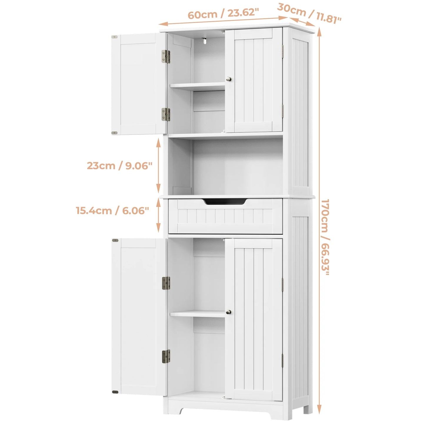 VVFLU Bathroom Storage Cabinet Tall, 67" Linen Cabinet Freestanding, Drawer Doors & Shelves, White