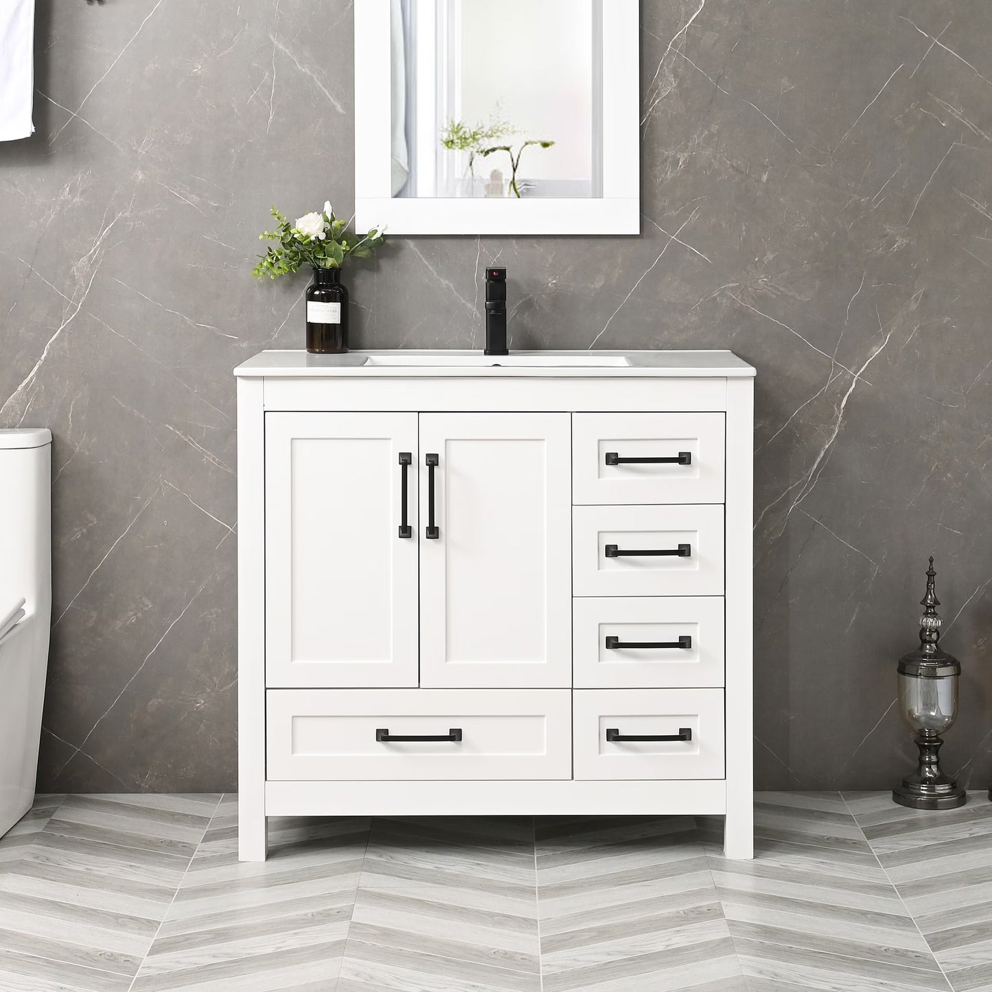 Eclife 36" White Bathroom Vanity Set with Ceramic Sink Top and Water Saving Faucet Drain
