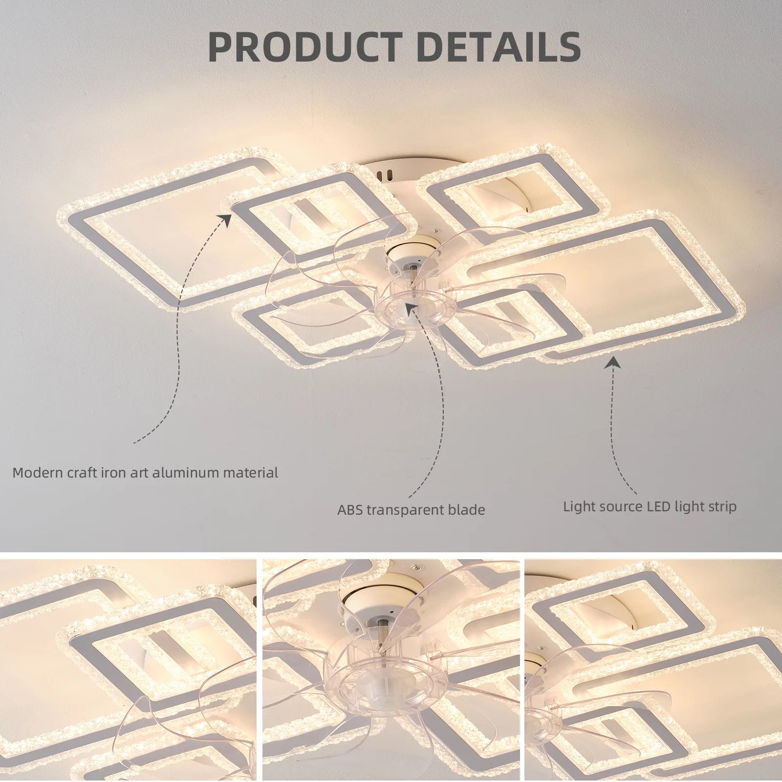 33inch Modern LED Ceiling Fan Light with Remote, Dimmable 6-Ring Square Flush Mount Lighting Fixture for Bedroom, Living Room, Kitchen, Bathroom, Balcony