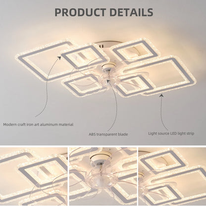33inch Modern LED Ceiling Fan Light with Remote, Dimmable 6-Ring Square Flush Mount Lighting Fixture for Bedroom, Living Room, Kitchen, Bathroom, Balcony