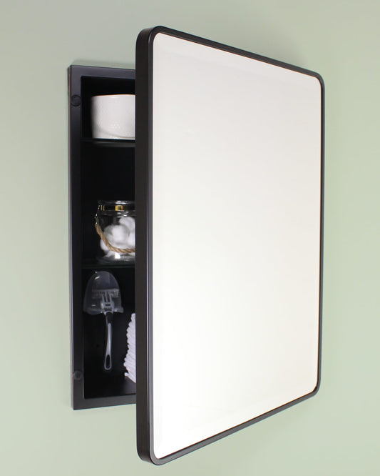 16x20 Austin Farmhouse Metal Framed Rounded Rectangle Recessed Bathroom Medicine Cabinet, Beveled Mirror, 14x18 in-Wall Opening, Powder-coated Steel, Adjustable Glass Shelves, Magnet Close, Black