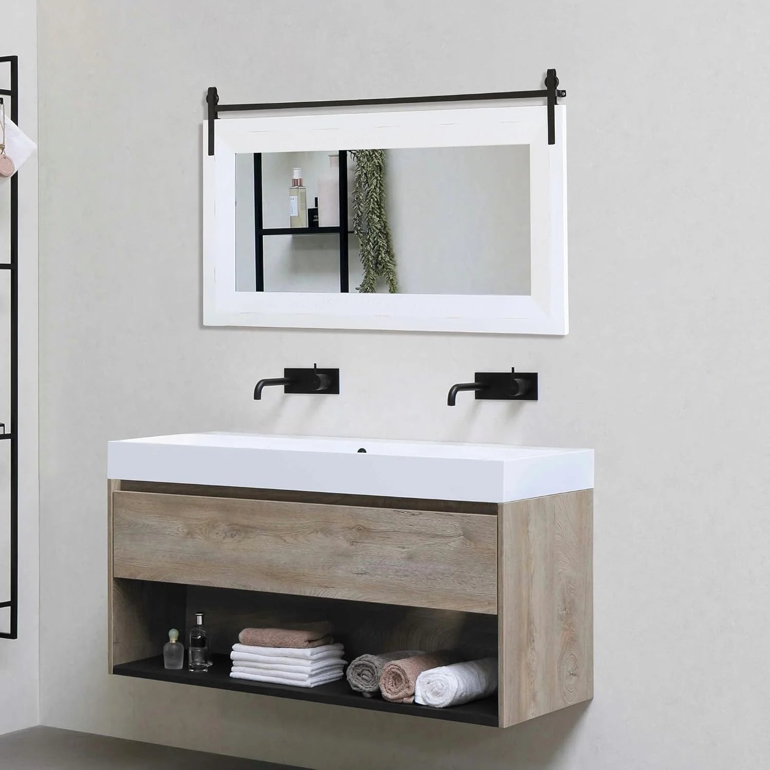 ALBAD Farmhouse Wood Framed Wall Mirror, Natural Wood and Framed Wall Mounted Bathroom Vanity Mirror for Farmhouse Decor, Vertical or Horizontal Hanging
