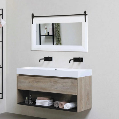 ALBAD Farmhouse Wood Framed Wall Mirror, Natural Wood and Framed Wall Mounted Bathroom Vanity Mirror for Farmhouse Decor, Vertical or Horizontal Hanging
