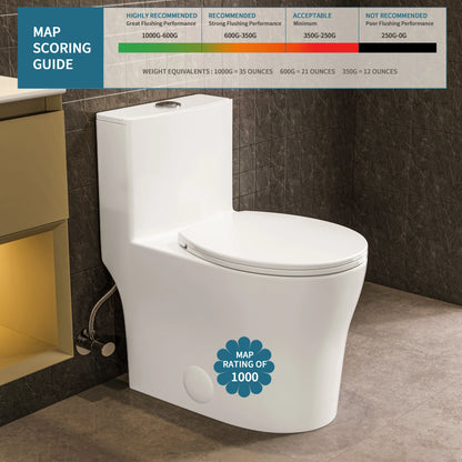 Casta Diva Round Toilet White 1-Piece Toilet for Small Bathrooms, Power Dual Flush and MAP 1000g (Seat Included), 12'' Rough-in