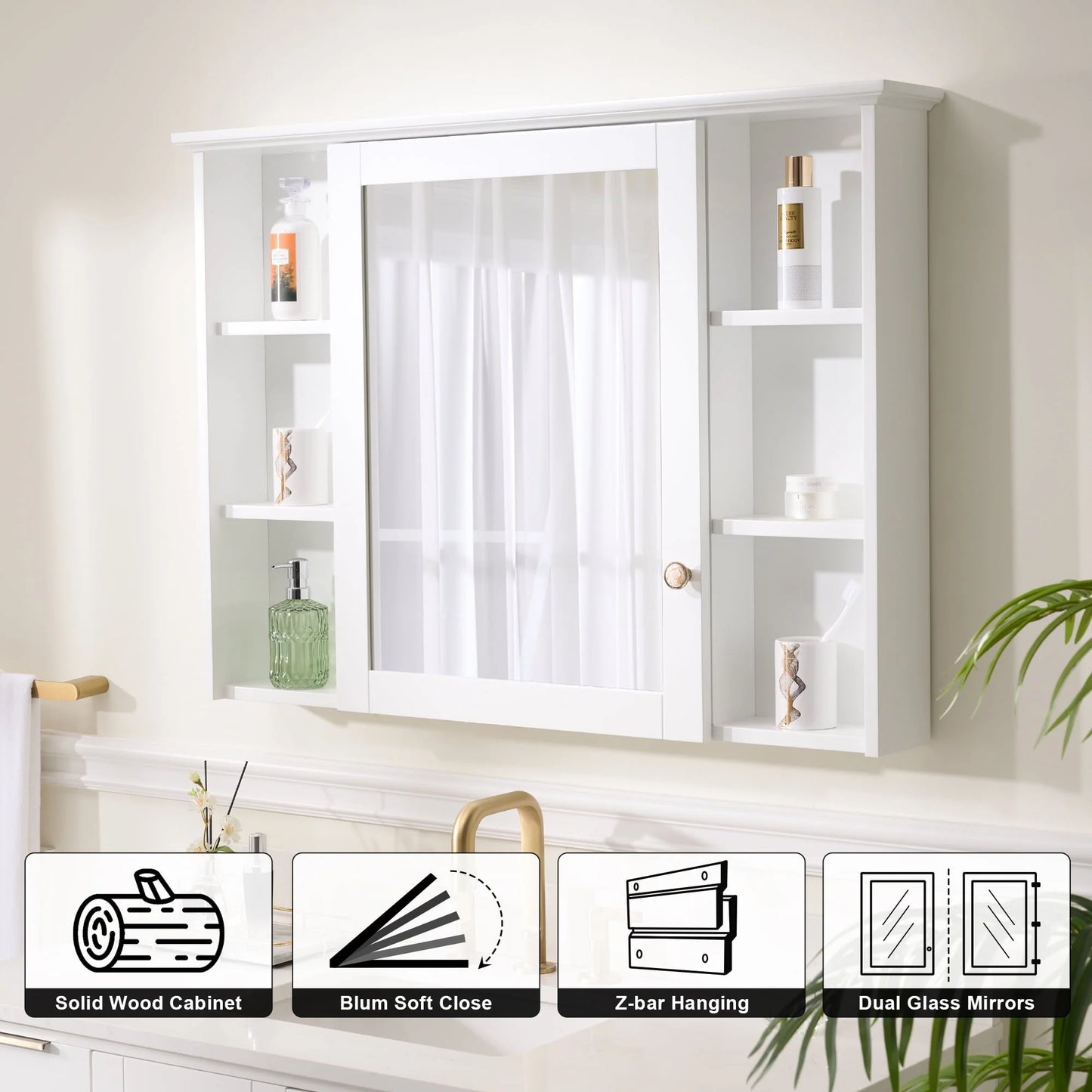 Forclover 42"x 30" Wall Mounted Mirrored Medicine Cabinet for Bathroom, 6 Tier Wood Mirror Cabinet Storage with 1 Soft-close Door, Bathroom Accessory, White