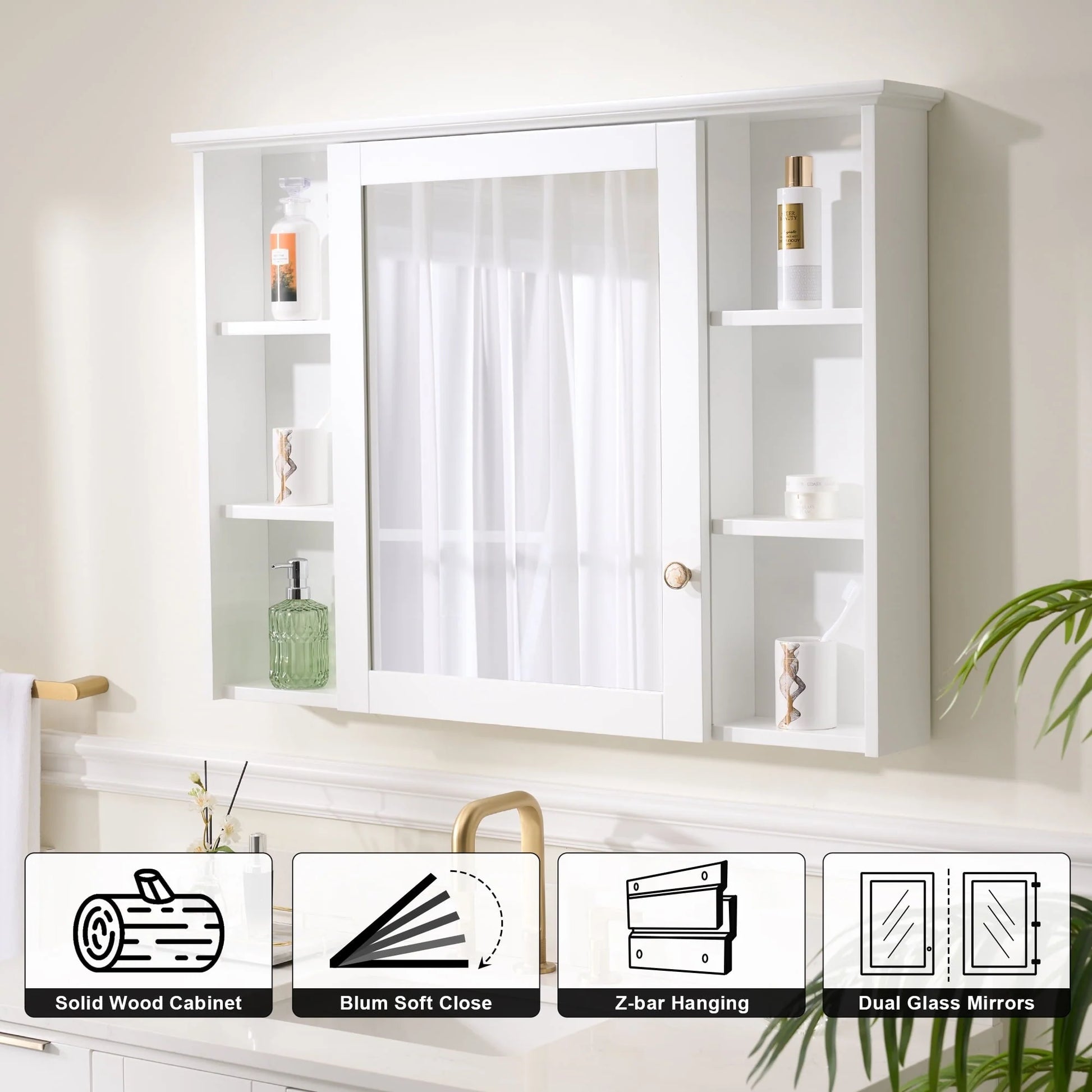 Forclover 42"x 30" Wall Mounted Mirrored Medicine Cabinet for Bathroom, 6 Tier Wood Mirror Cabinet Storage with 1 Soft-close Door, Bathroom Accessory, White