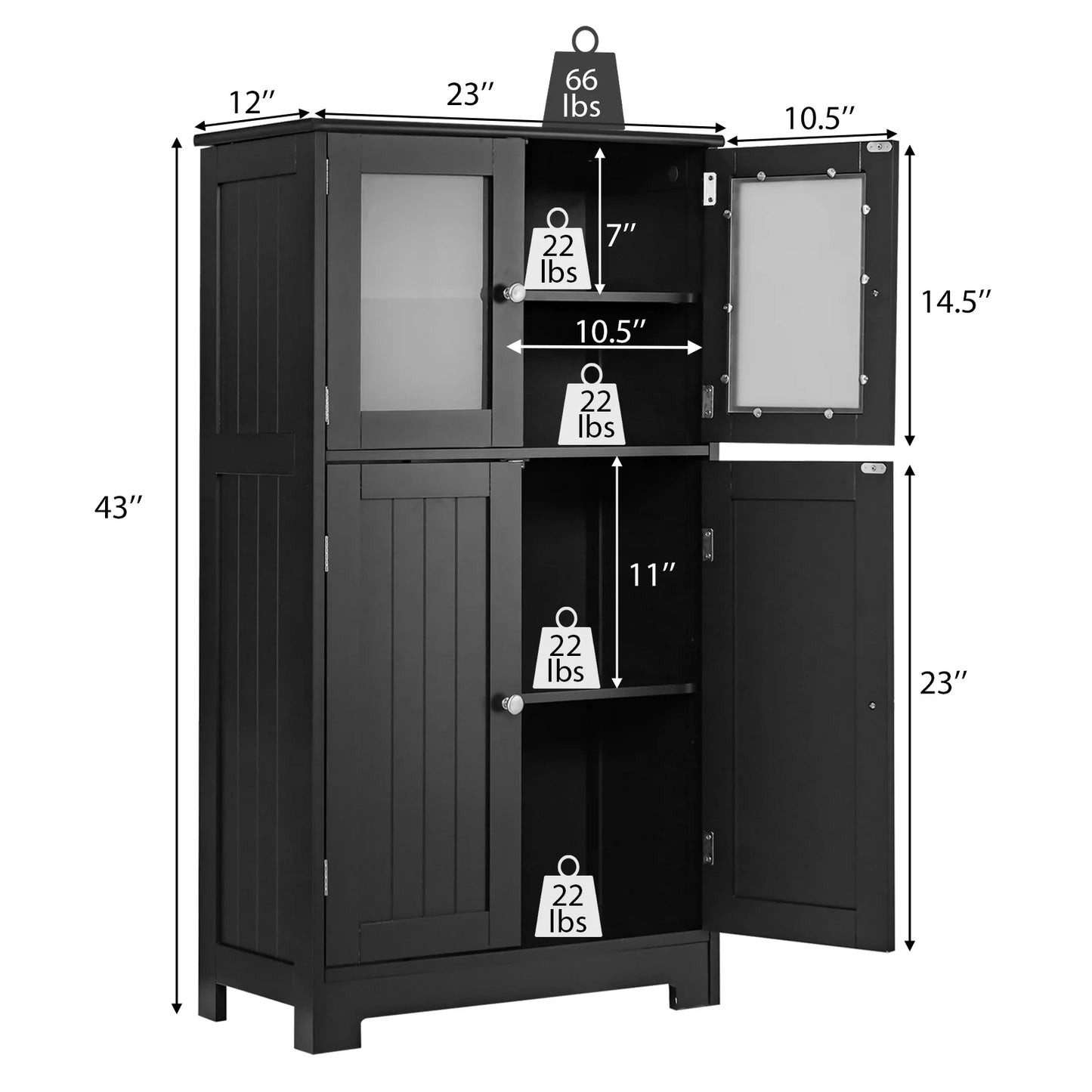 Costway Bathroom Floor Storage Cabinet Kitchen Cupboard w/Doors&Adjustable Shelf Black