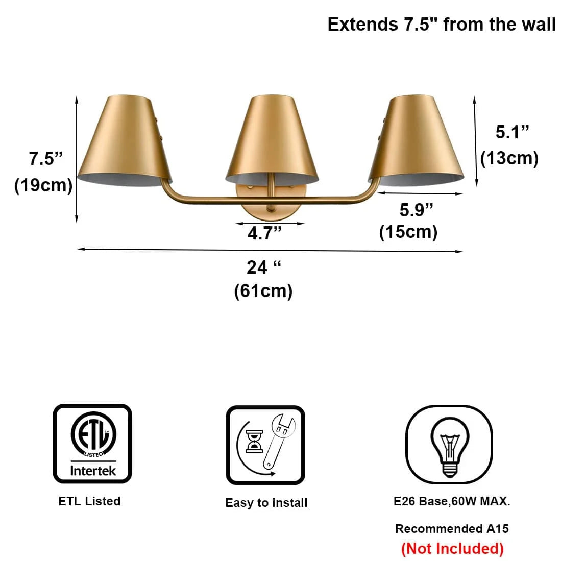 Claxy 3-Light Brass Bathroom Vanity Lights with Barrel Metal Shade