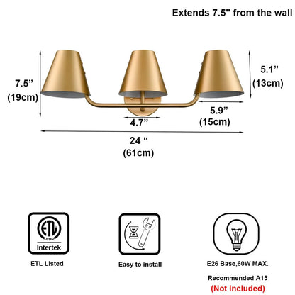 Claxy 3-Light Brass Bathroom Vanity Lights with Barrel Metal Shade
