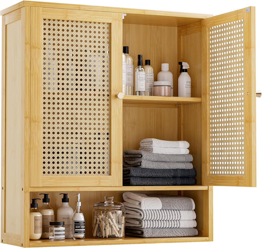 Bathroom Wall Cabinet, Bamboo Over-The-Toilet Storage Organizer with 2 Rattan Doors and Adjustable Shelf, Space Saver Medicine Cabinet for Laundry, Kitchen, Living Room (Natural)