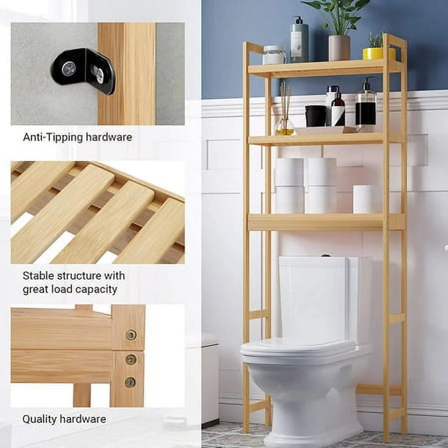 SONGMICS 3-Tier Over The Toilet Storage Bamboo Over Toilet Shelf Bathroom Storage Organizer with Adjustable Shelf Natural