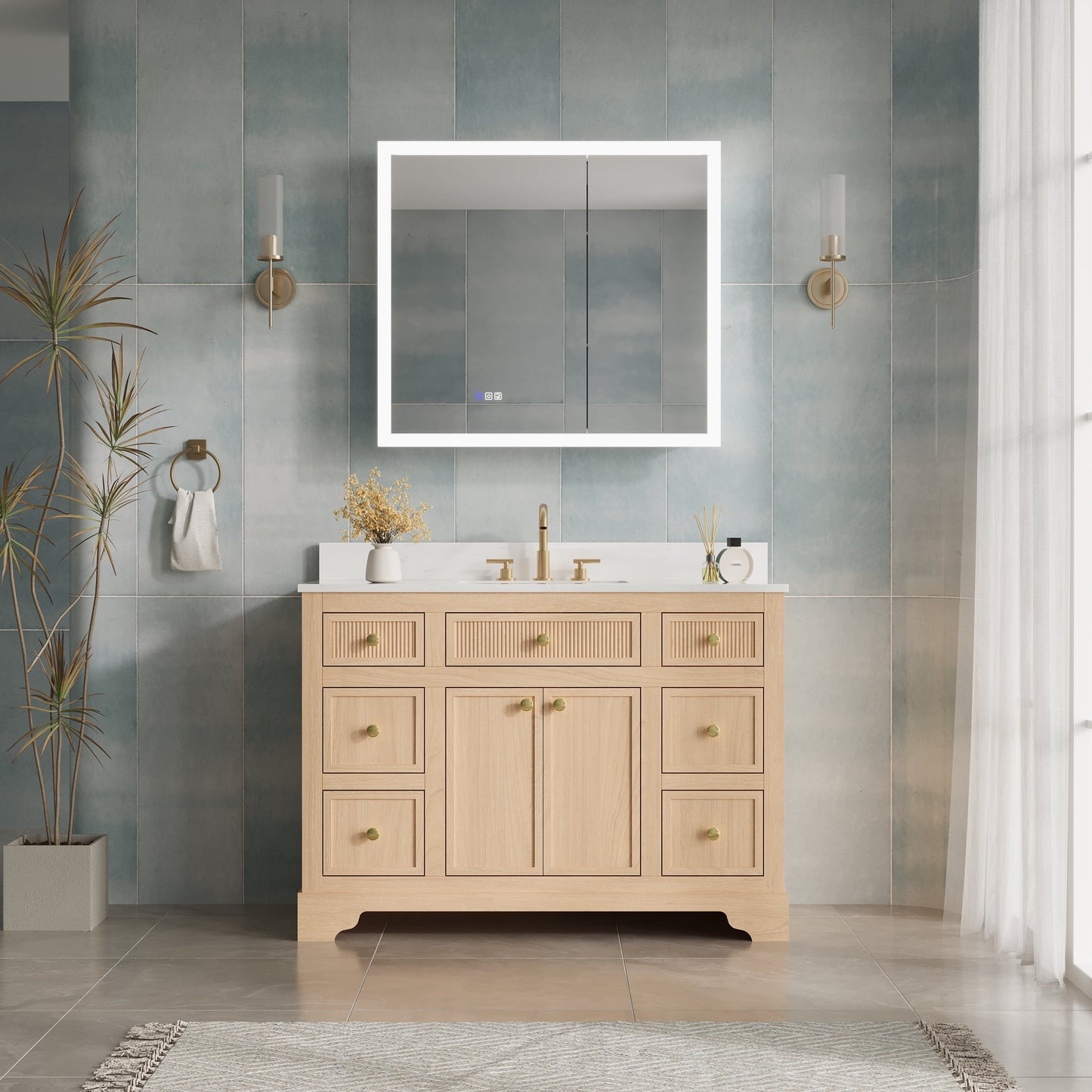 ANGELES HOME 36" x 32" LED Lighted Bathroom Medicine Cabinet with Mirror, 3X Magnification Makeup Mirror, Vanity Mirror Cabinet w/ Defogger, Dimmable, Memory Function, Outlets & USB