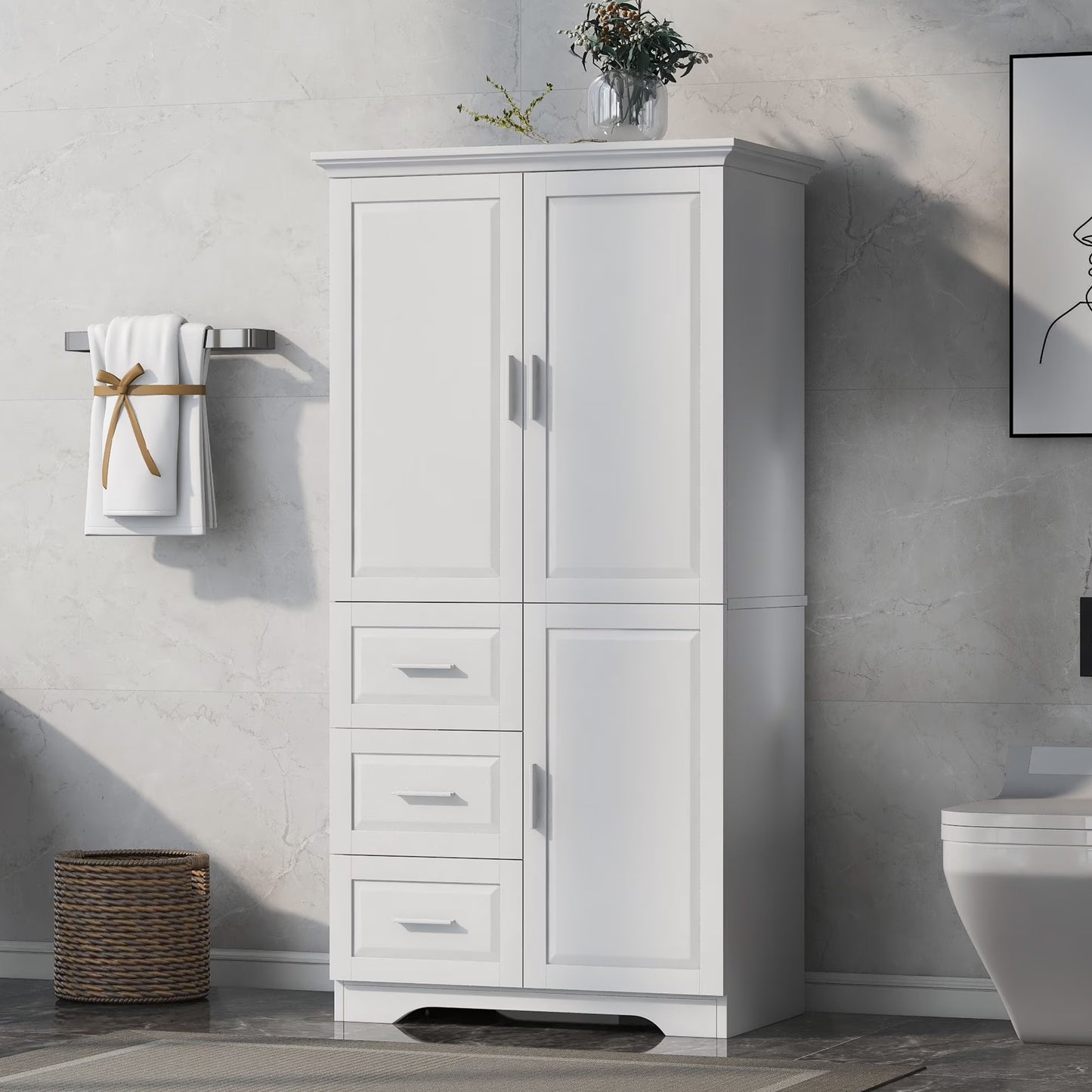 Bellemave White Tall Storage Cabinet with Adjustable Shelf Bathroom Cabinet with 1 Drawer and Storage Rack Large Freestanding Wood Cabinet Storage Organizer Floor Cabinet, White