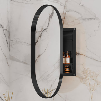 20x34 Inch Oval Recessed Bathroom Storage Cabinet, Matte Black Metal Frame, Mirror With Adjustable Shelves, Space Efficient Recessed, Versatile Functionality
