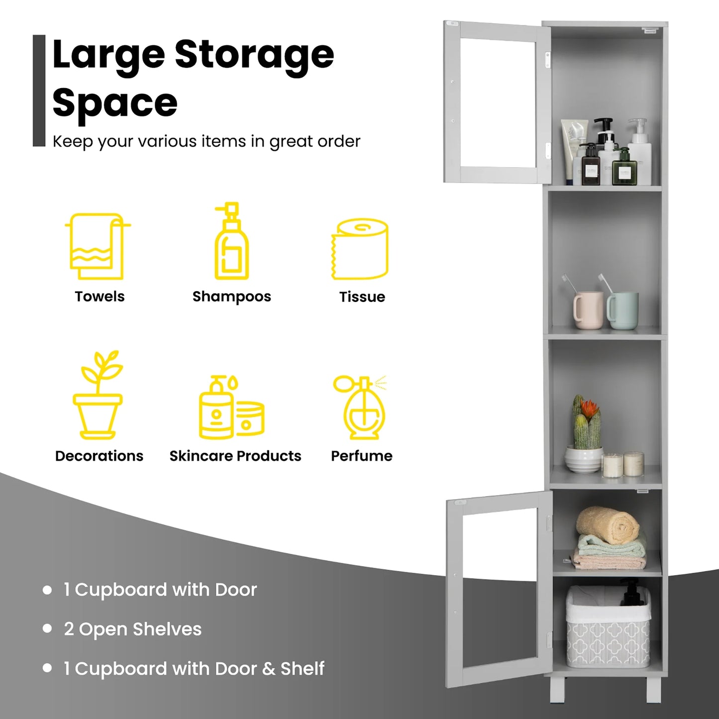 Costway 71'' Tall Tower Bathroom Storage Cabinet Organizer Display Shelves Bedroom Grey