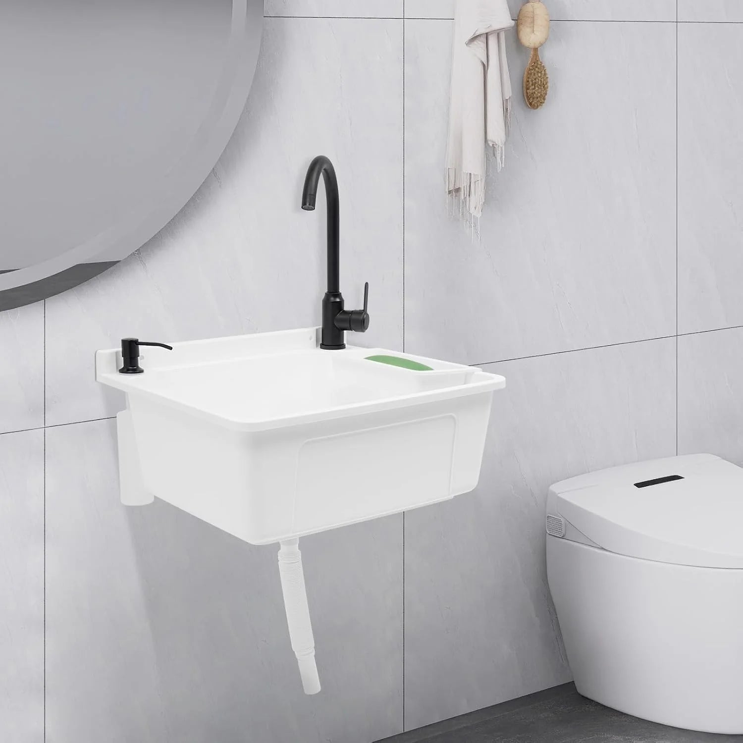 Wall-Mounted Utility Sink Tub Kit with Aluminum Alloy Faucet and Soap Box,Black Anti-clogging Laundry Sink for Bathrooms, Sundry Rooms, Garages(White)