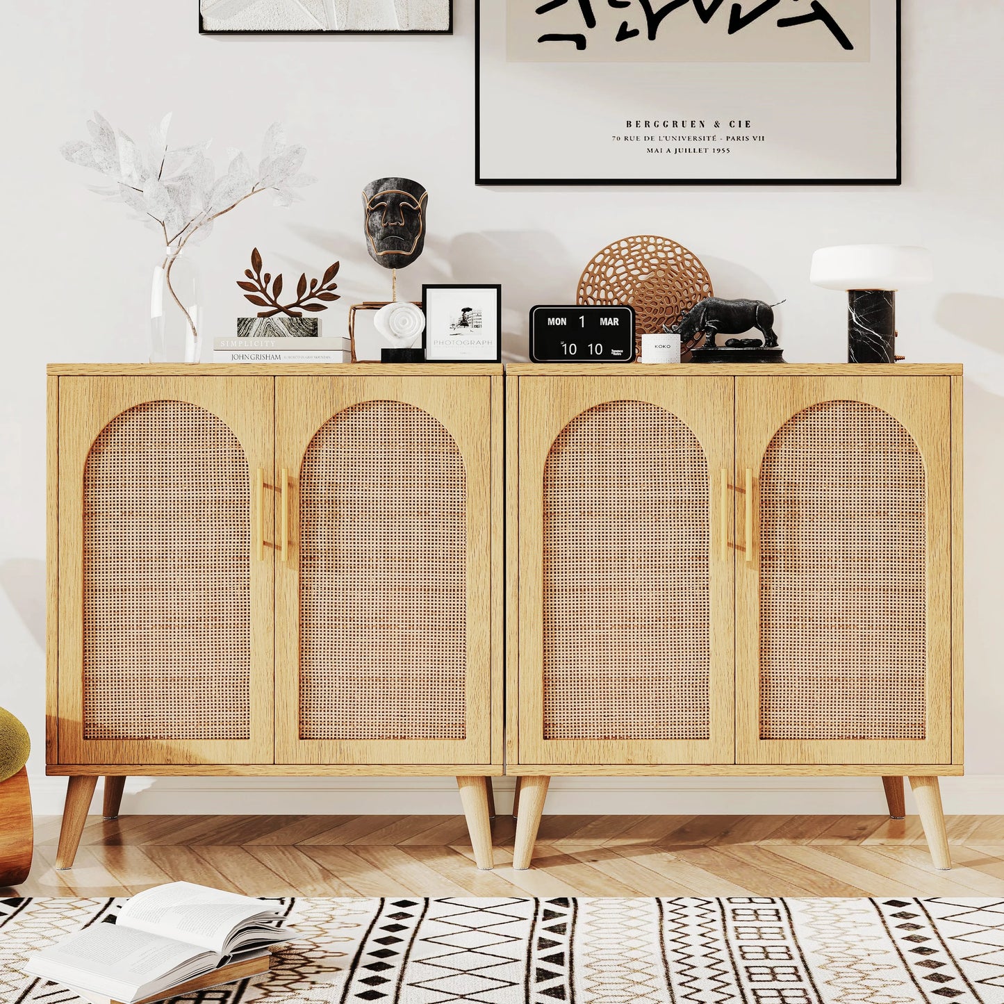 Rovaurx Set of 2 Rattan Storage Cabinet with Doors, Accent Bathroom Floor Cabinet, Modern Sideboard Buffet Cabinet for Living Room, Entryway, Dining Room and Kitchen, Natural