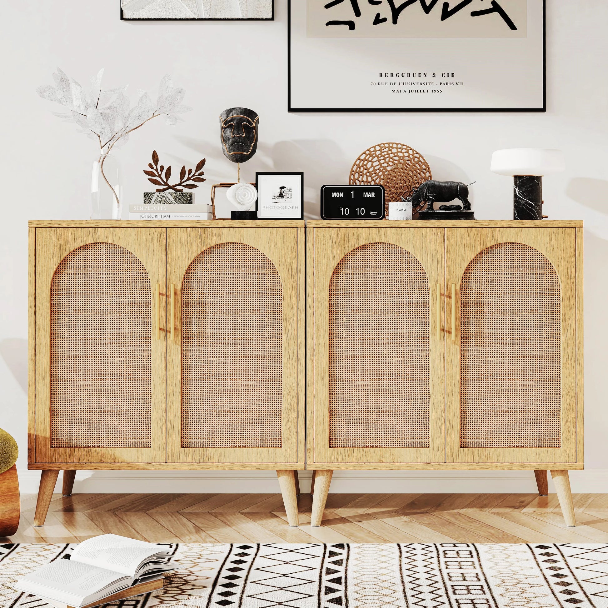 Rovaurx Set of 2 Rattan Storage Cabinet with Doors, Accent Bathroom Floor Cabinet, Modern Sideboard Buffet Cabinet for Living Room, Entryway, Dining Room and Kitchen, Natural