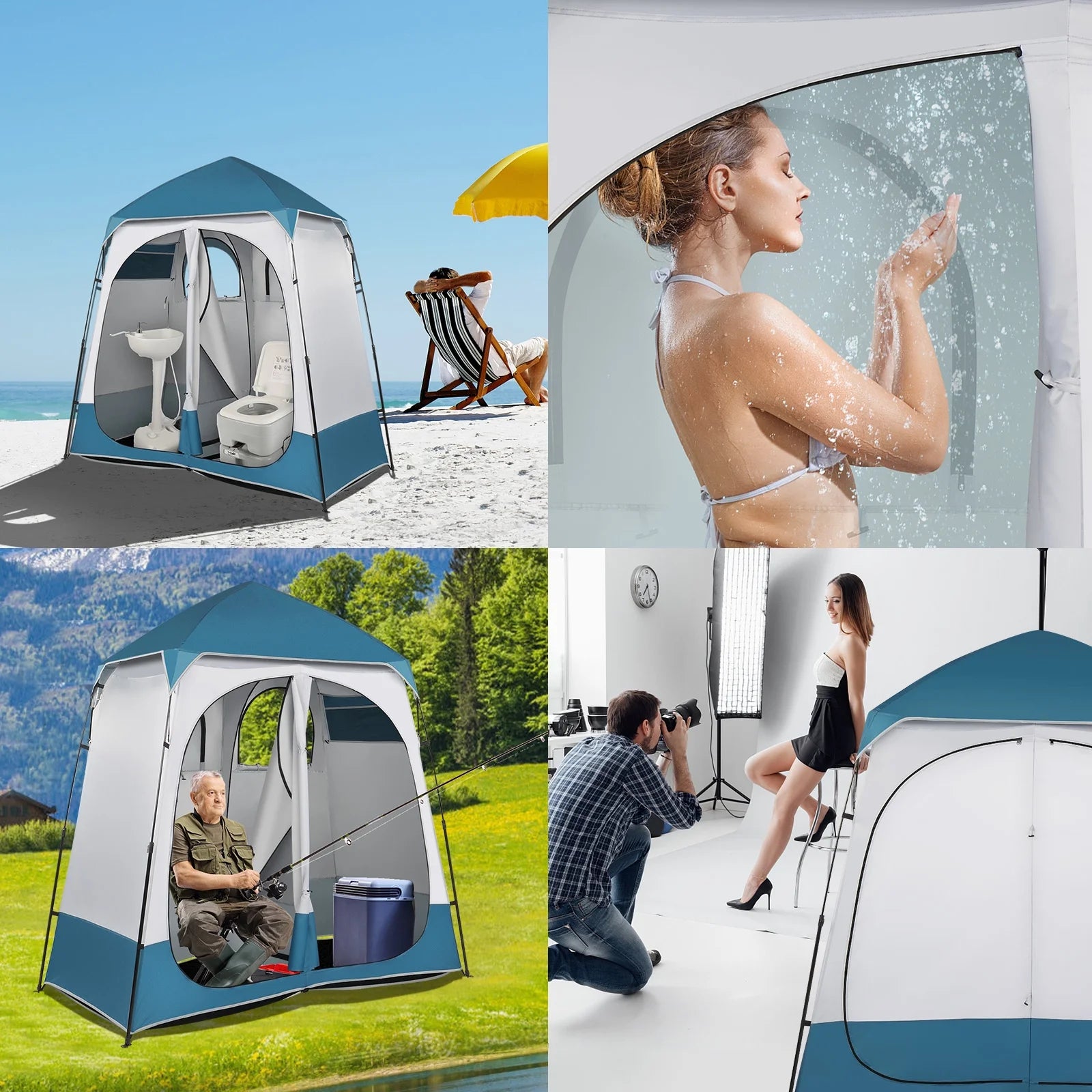 Xilee Shower Tent Camping,2-Room Portable Changing Room, Outdoor Shower Enclosure, Pop Up Privacy Tent Shelter with Floor & Doors, Waterproof & Lightweight, Camping Toilet Bathroom Blue/White