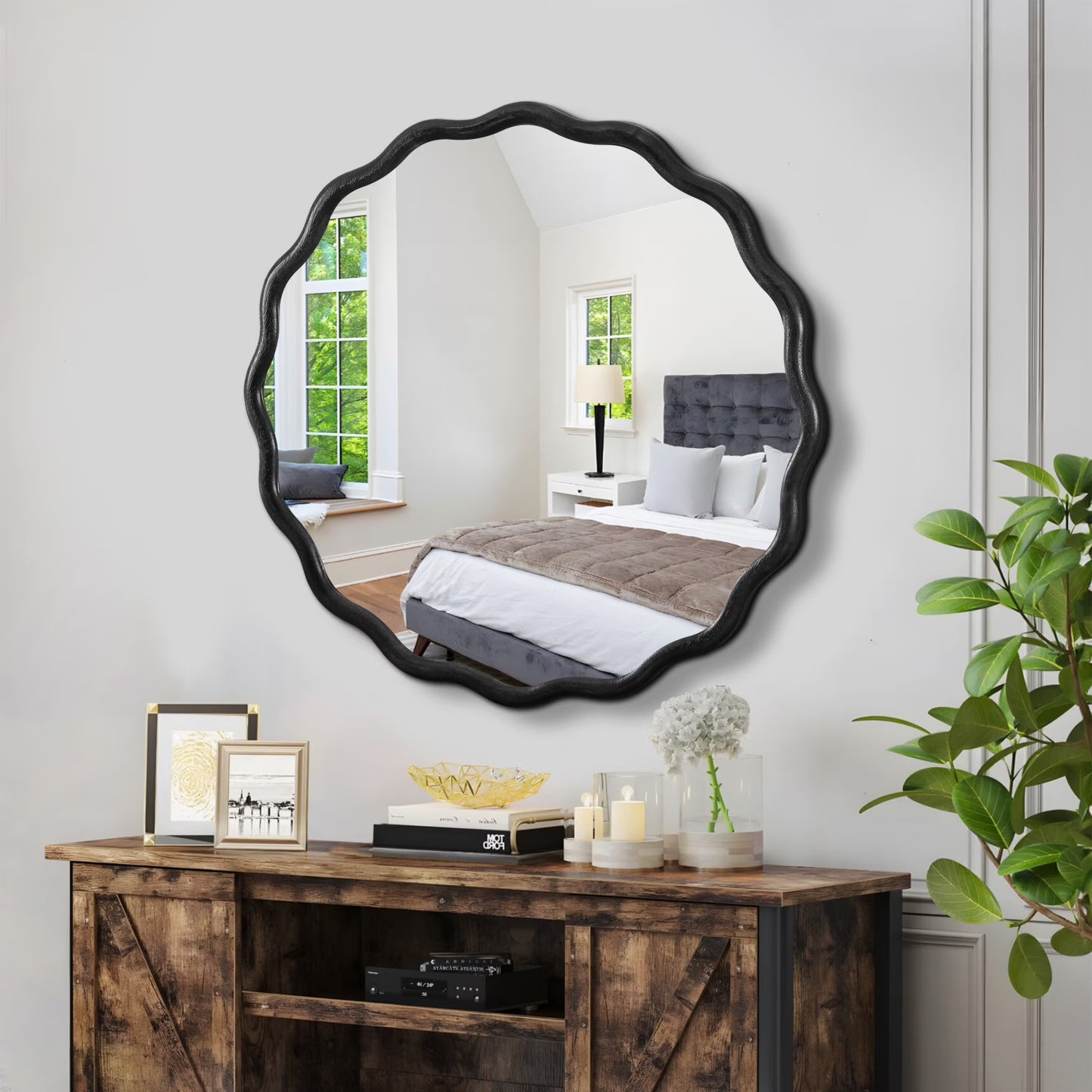 Solid Wood Wavy Frame Modern Mirror - 40x28 Inches Durable Farmhouse Wall Decor for Bathroom, Living Room & Entryway with Easy Install
