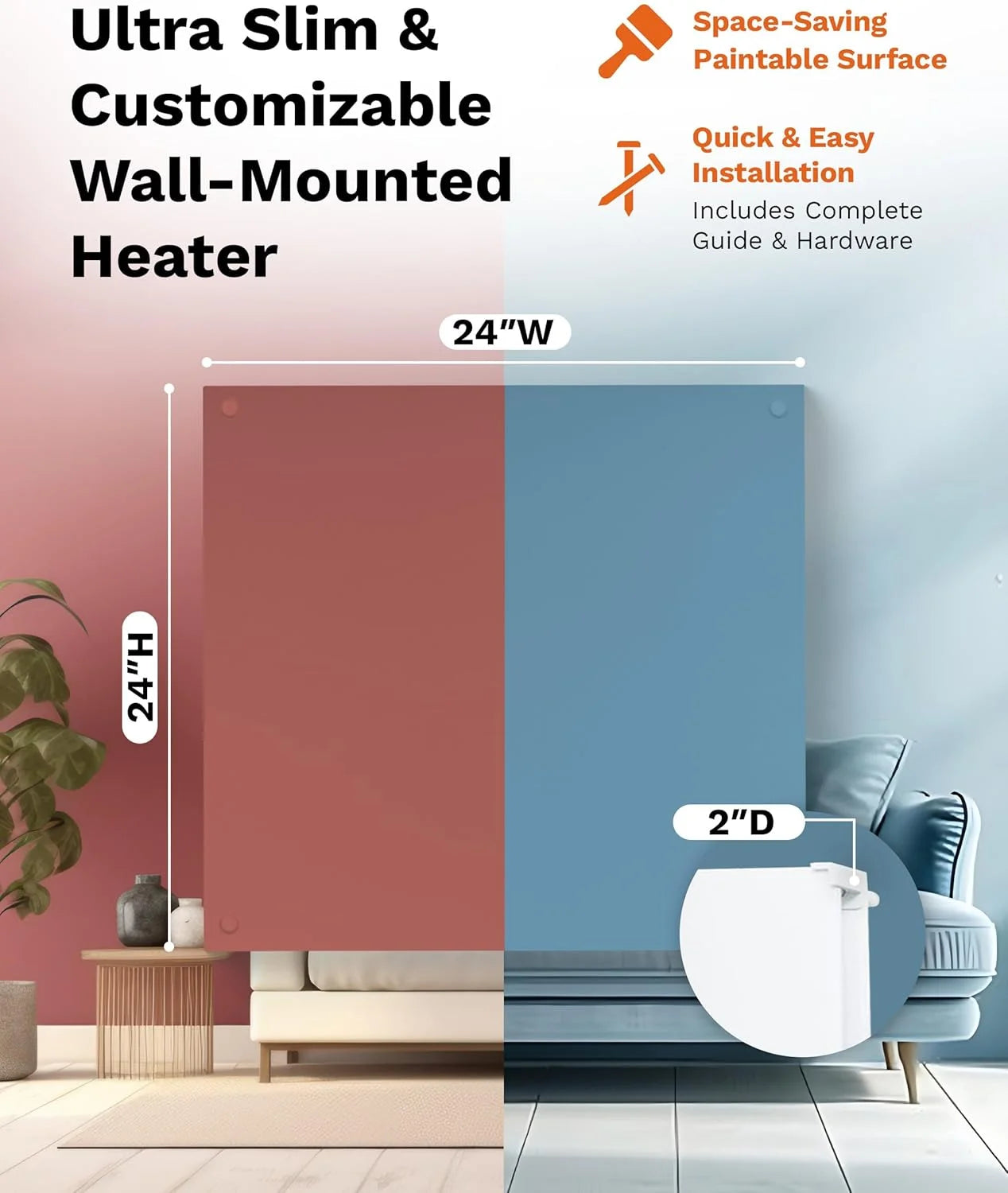 Amaze Heaters Dual Smart 400W Energy Efficient Space Heater w/Heat Guard & Wall Mount Kit - 24��x24�� Paintable & Silent Indoor Electric Heater - For Up to 160 sq ft Rooms Such as Bedroom & Bathroom
