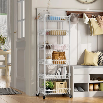 6 Tier Wire Shelving Unit with Wheels Baskets Storage Rack Corner Shelves Adjustable Shelf Closet Bathroom Organizers Metal Pantry Kitchen Garage Laundry Room 13.5" D x 13.5" W x 63" H White