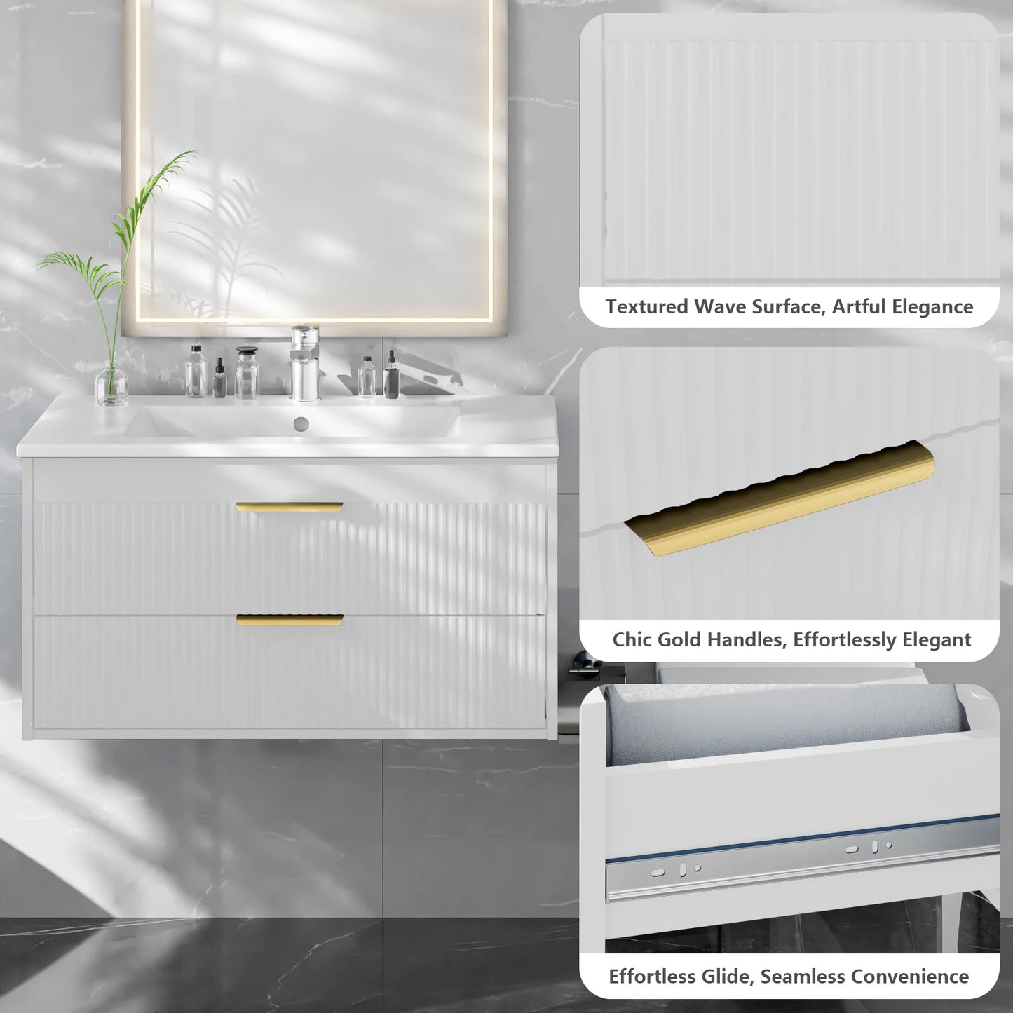 Advwin 30" Wall Mounted Bathroom Vanity with Ceramic Sink, Modern Floating Bathroom Storage Cabinet with Sensor Light & 2 Extra Large Drawers, White