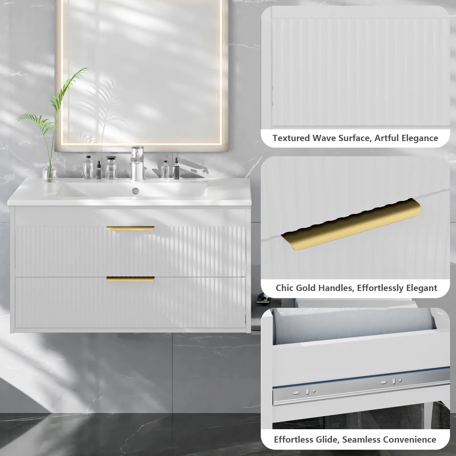 Advwin 30" Wall Mounted Bathroom Vanity with Ceramic Sink, Modern Floating Bathroom Storage Cabinet with Sensor Light & 2 Extra Large Drawers, White