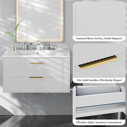 Advwin 30" Wall Mounted Bathroom Vanity with Ceramic Sink, Modern Floating Bathroom Storage Cabinet with Sensor Light & 2 Extra Large Drawers, White
