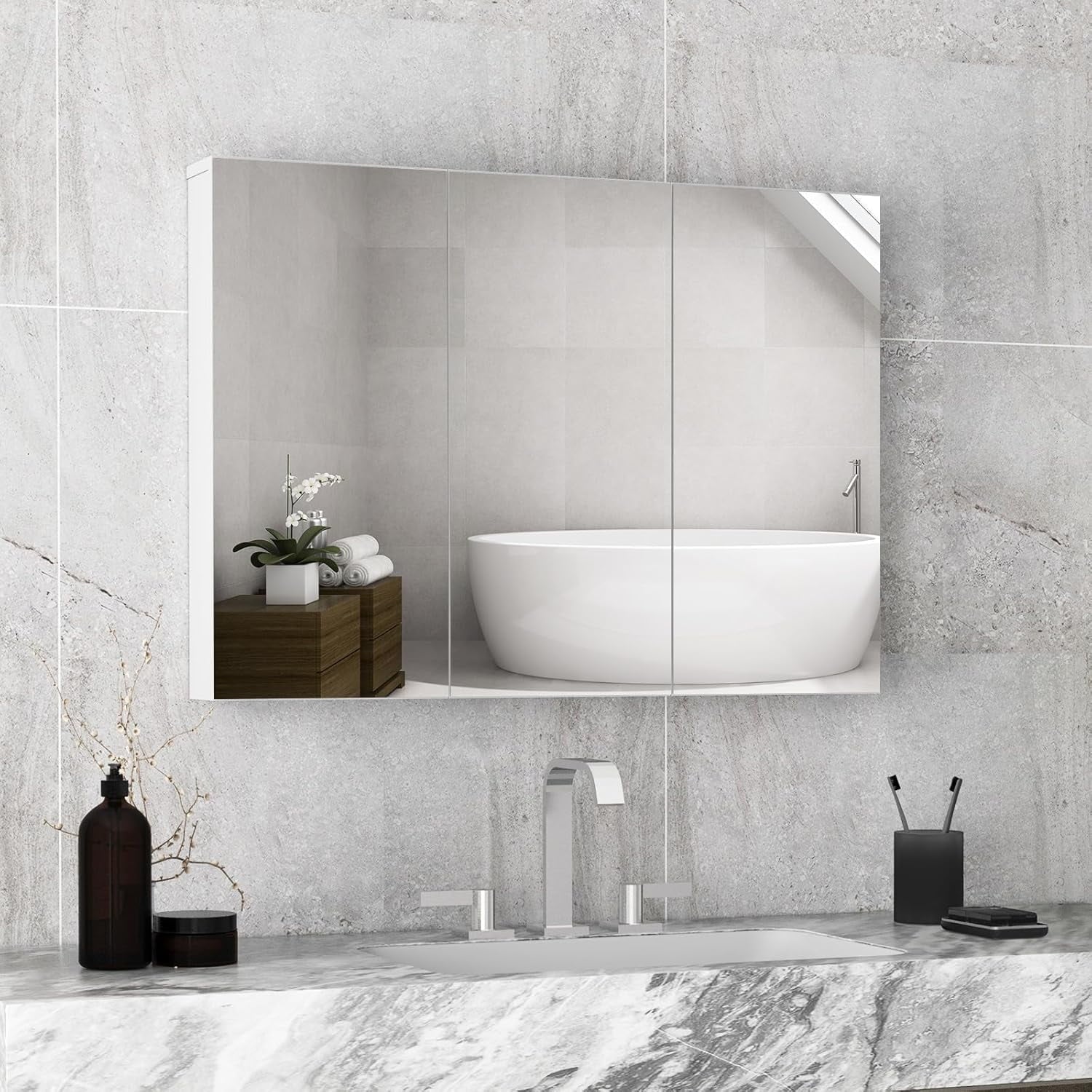 SZWS Mirrored Medicine Cabinet, Large Wide Wall Mounted Storage Cabinet with 3 Mirror Doors & Adjustable Shelf, Hanging Bathroom Organizer, White, 36 x 4.5 x 25.5 Inches