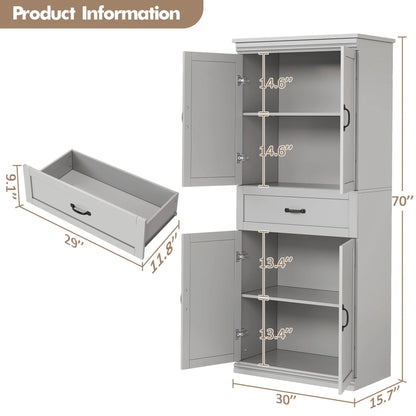 DSstyles Pantry Cabinet, Freestanding Kitchen Pantry Storage Cabinet,70" Cupboard, Tall Storage Cabinet with Doors and Adjustable Shelves, for Bathroom, Dining Room, Living Room, Antique White/Gray