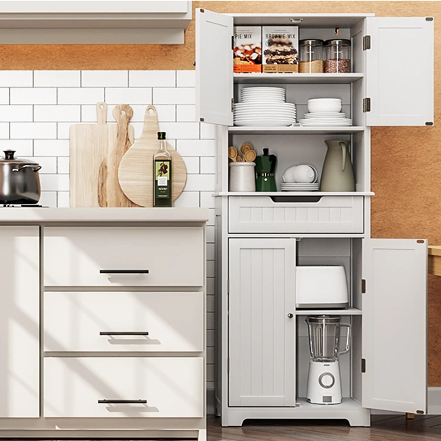 VVFLU Bathroom Storage Cabinet Tall, 67" Linen Cabinet Freestanding, Drawer Doors & Shelves, White