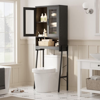 VEANERWOOD Rattan Over The Toilet Storage Cabinet, Bathroom Space-Saving Toilet Rack with Cupboard Metal Stand & Adjustable Shelf, Space Saver