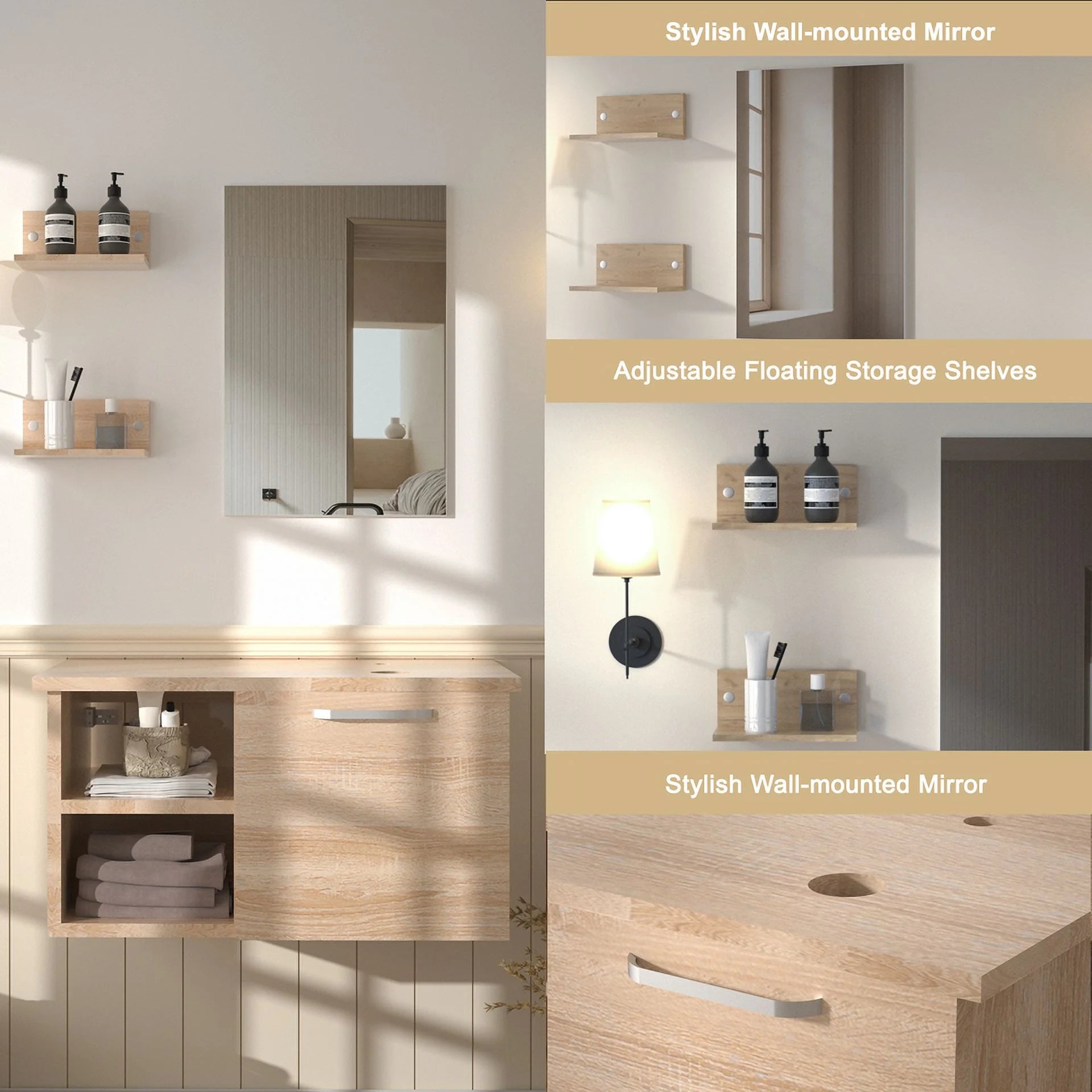 FULLWATT 28 Inch Modern Bathroom Vanity Set with Mirror Wall Mount Wood Color Cabinet Glass Sink Chrome Faucet and Pop Up Drain