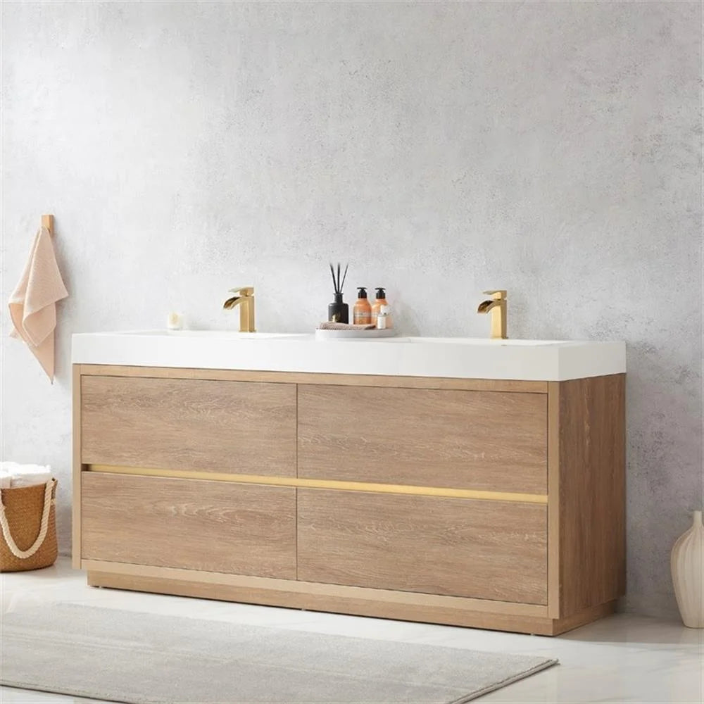 Huesca 72" Double Sink Bathroom Vanity Natural Oak Wood White Top No Mirror