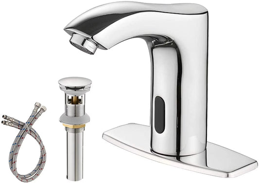 BWE Automatic Sensor Commercial Touchless Bathroom Sink Faucet Chrome with Hole Cover Deck Plate Motion Activated Hands Free with Pop Up Drain with Overflow Lead Free Hot and Cold Mixer