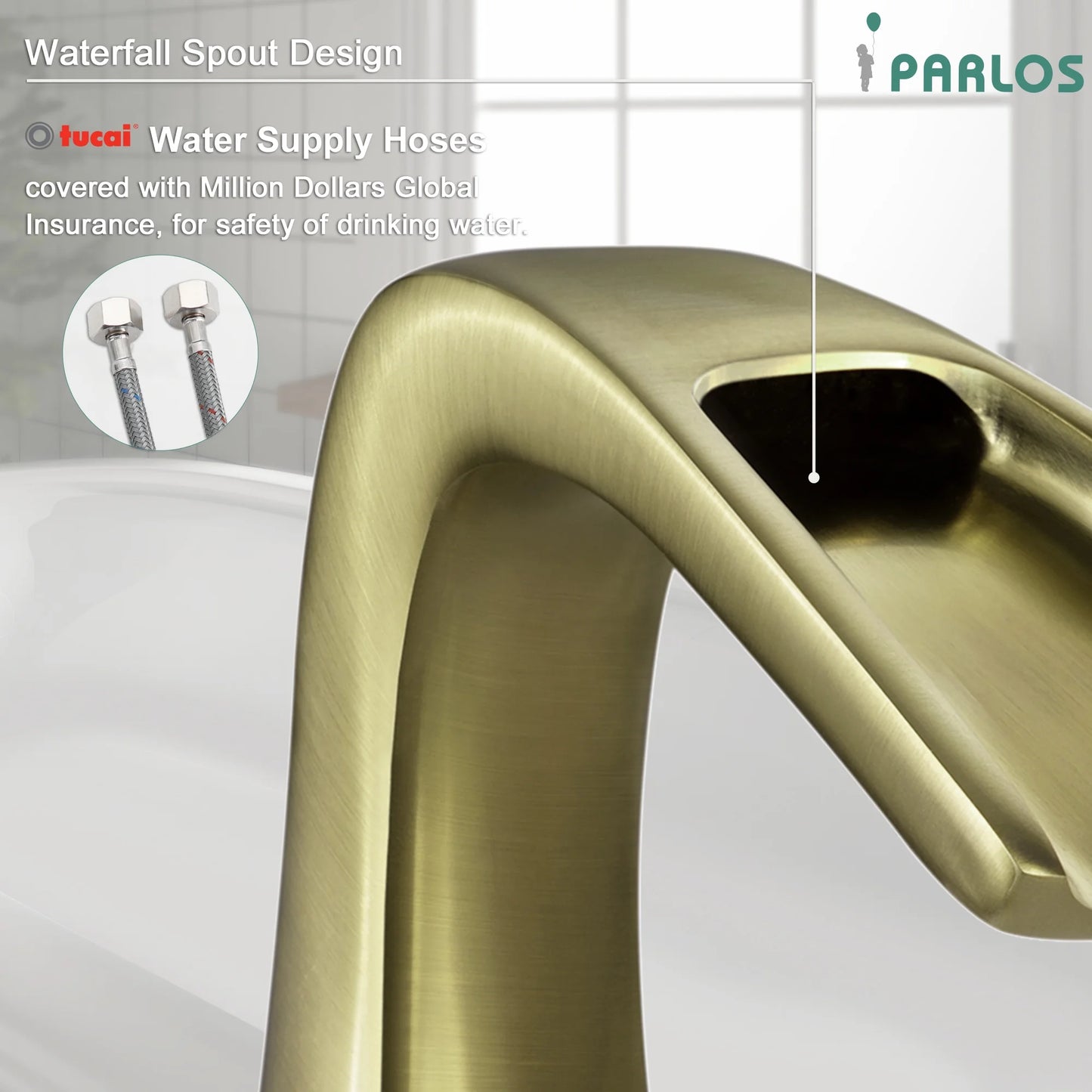 Parlos 2-Handle Widespread Waterfall Roman Bathtub with Hot & Cold Supply Lines, Brushed Gold