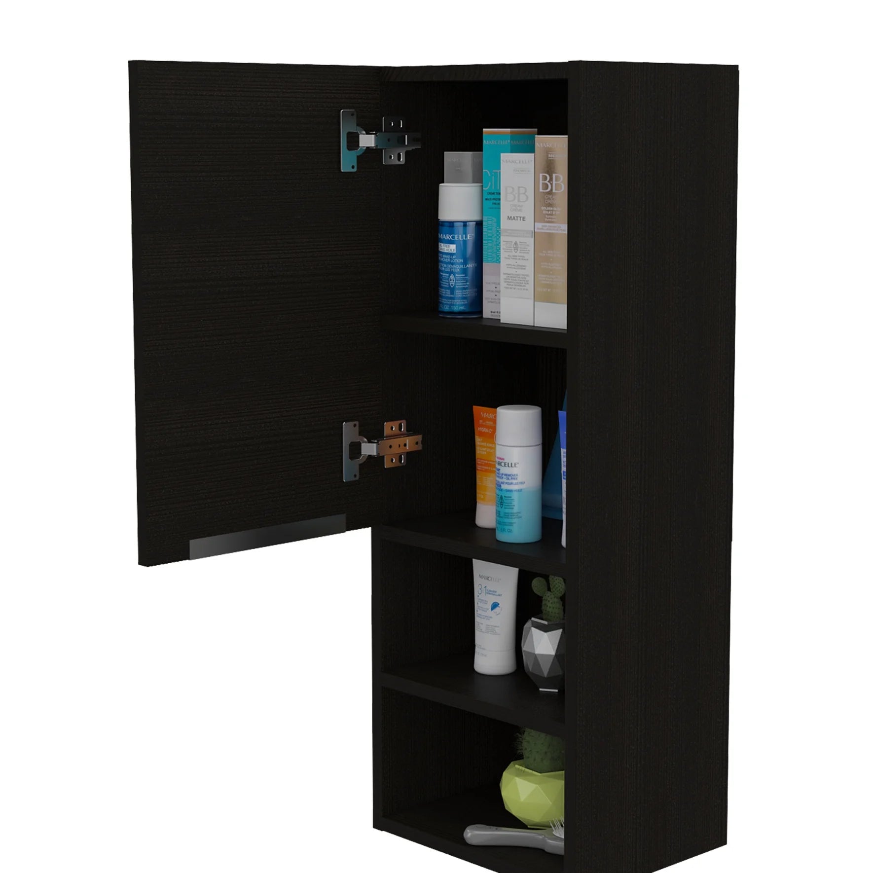 Particle Board Medicine Cabinet with 1 Doors and 2 Semi-open Shelves, Wall Cabinet for Bedroom,Living Room and Bathroom, Black