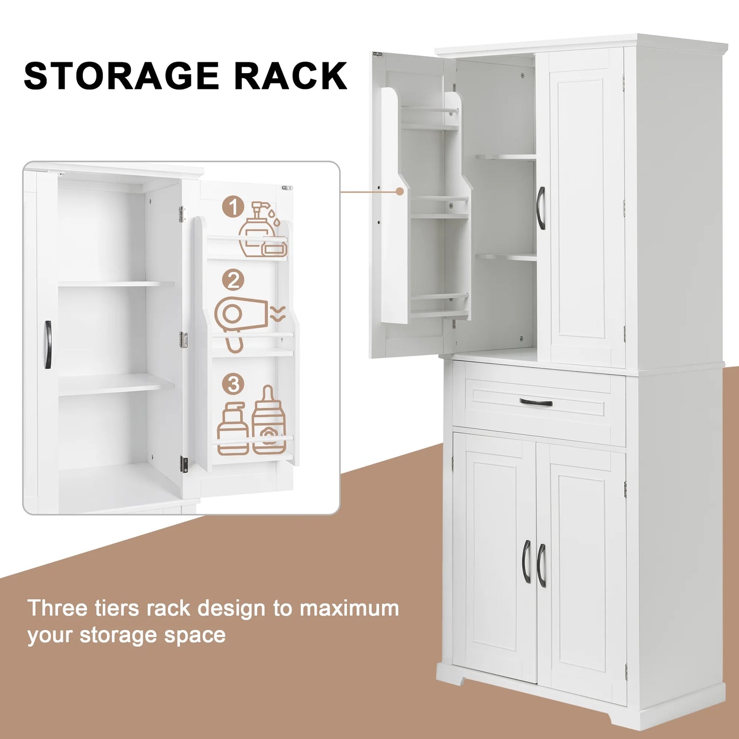 Bellemave White Tall Storage Cabinet with Adjustable Shelf Bathroom Cabinet with 1 Drawer and Storage Rack Large Freestanding Wood Cabinet Storage Organizer Floor Cabinet, White