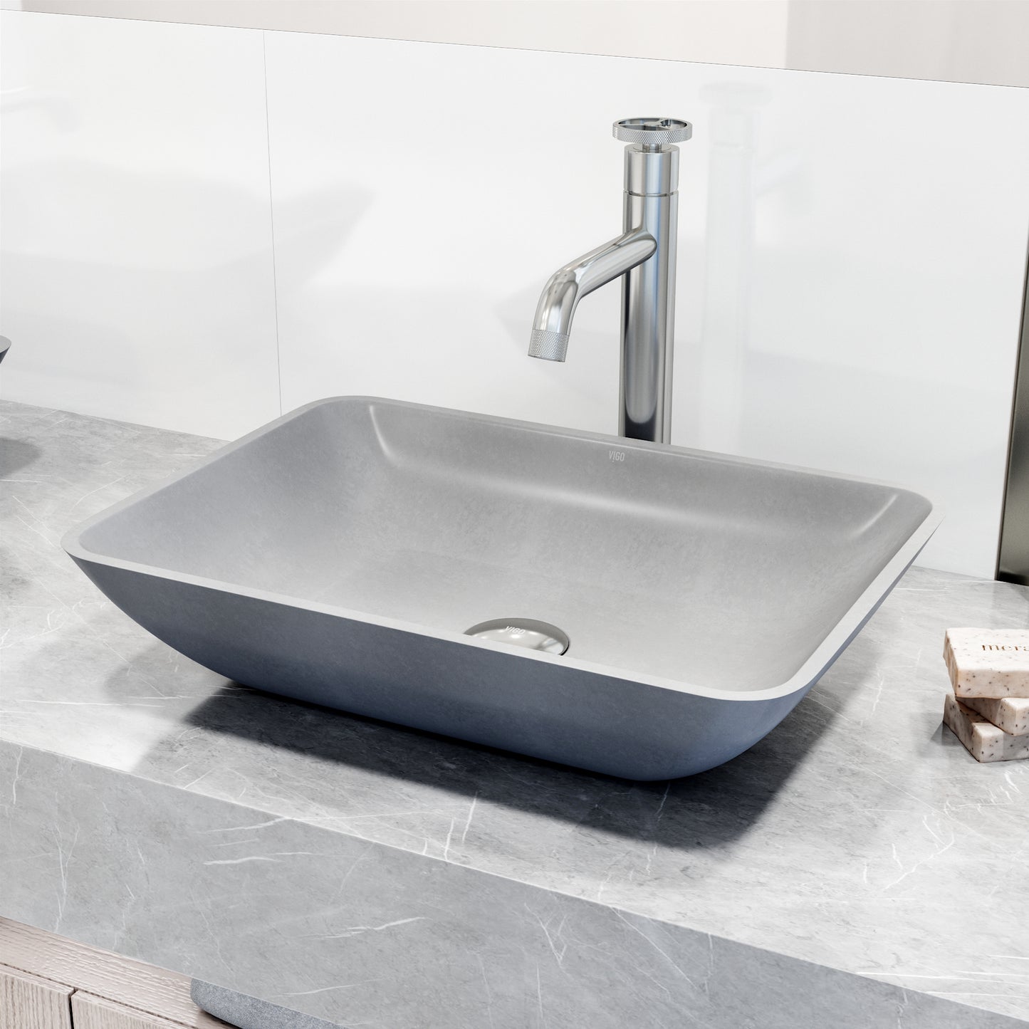 VIGO Duomo Gothic Gray Concreto Stone 18 in. L x 13 in. W x 4 in. H Rectangular Vessel Bathroom Sink