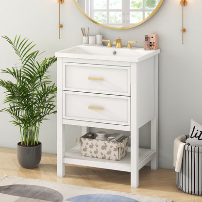 Harper & Bright Designs 24" Bathroom Vanity with Sink Set, Bathroom Vanity Cabinet with Ceramic Top and Drawer, Natural