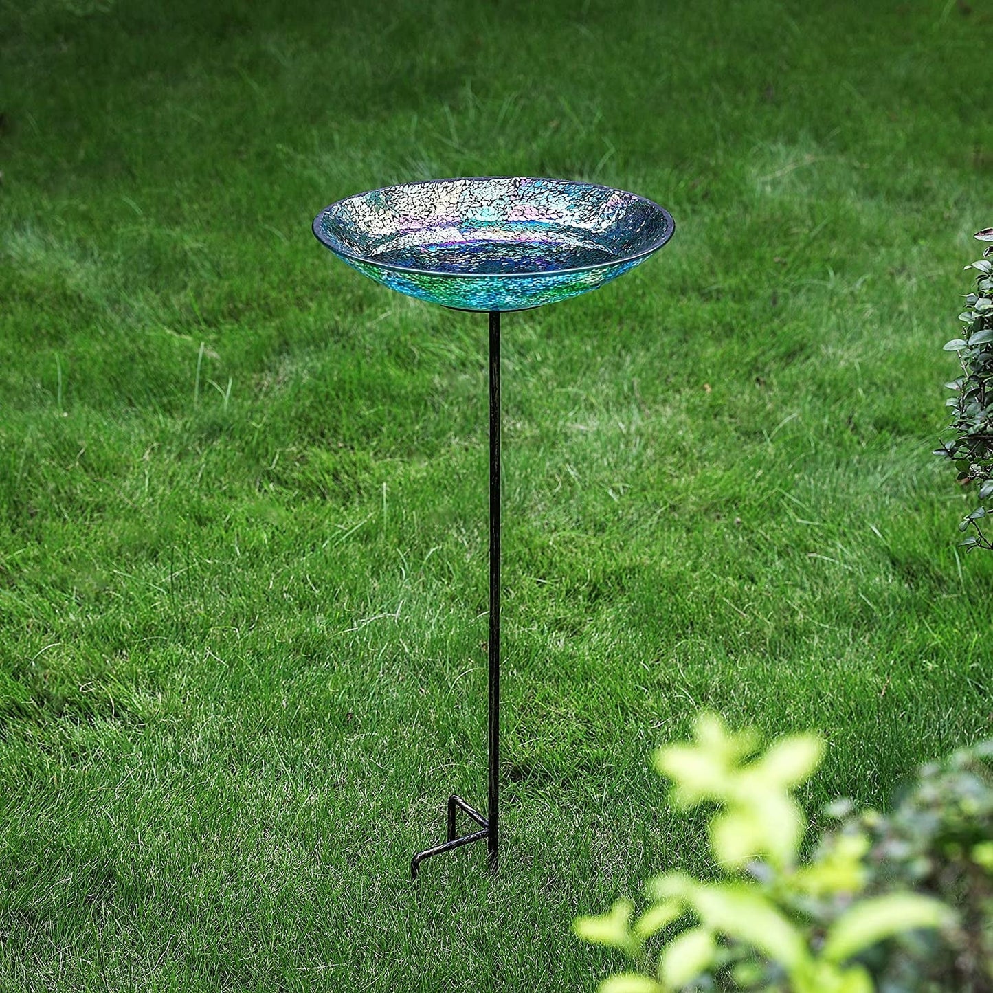 WHOLE HOUSEWARES D 13" x H 30" Birdbath/Feeder with Stake, Iridescent Crackled Glass