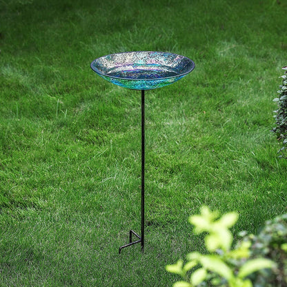 WHOLE HOUSEWARES D 13" x H 30" Birdbath/Feeder with Stake, Iridescent Crackled Glass