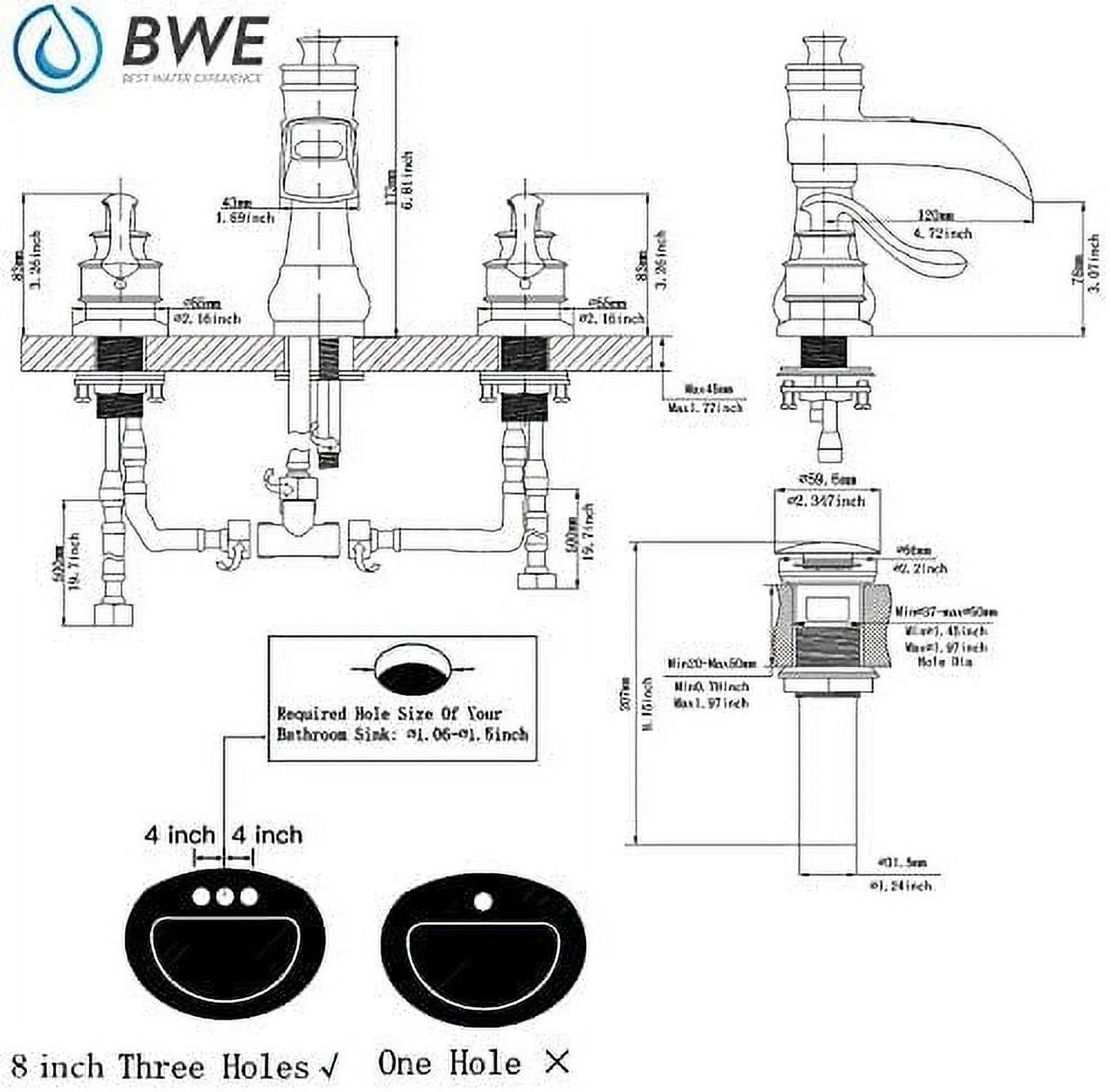 BWE 8 Inch Widespread Bathroom Faucet with Pop Up Drain with Overflow and Supply Line Waterfall 3 Holes Two-Handle Sink Faucets Lead-free Polished Chrome Lavatory Mixer Tap